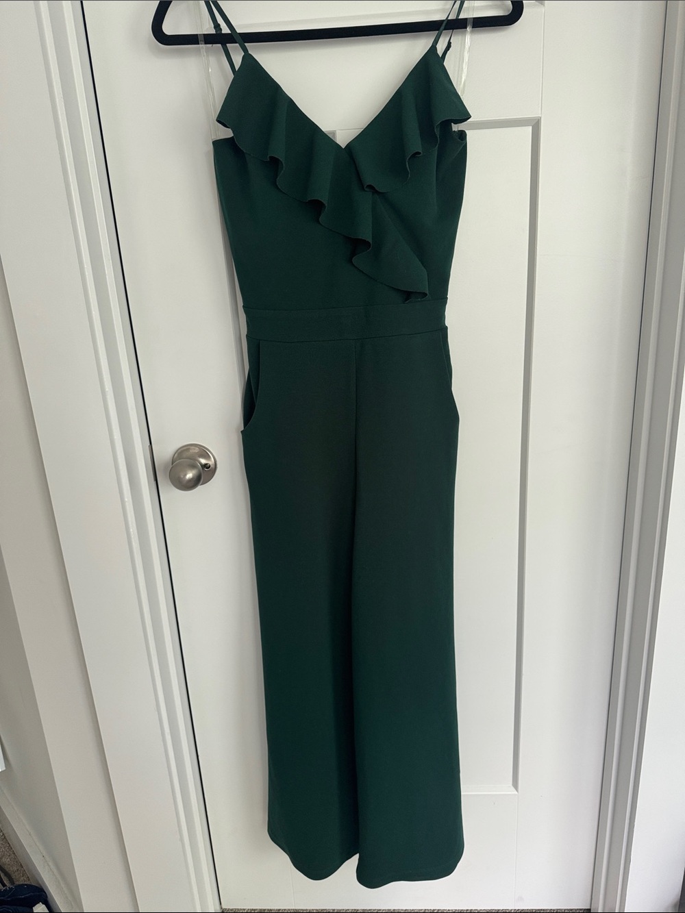 Emerald Sundae Dark Green Ruffle V-Neck Wide-Leg Jumpsuit